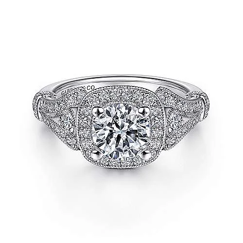 ladies engagement rings meaningful-Delilah - Vintage Inspired 14K White Gold Cushion Halo Round Diamond Engagement Ring