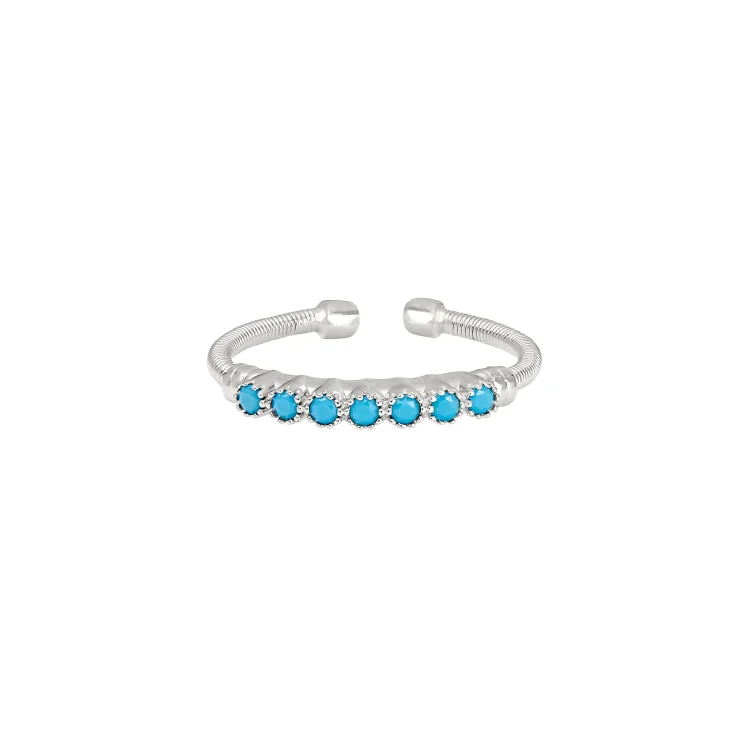 Ladies rings durable glow -Rhodium Finish Sterling Silver Cable Cuff Ring with Beaded Bezel Set Simulated Turquoise