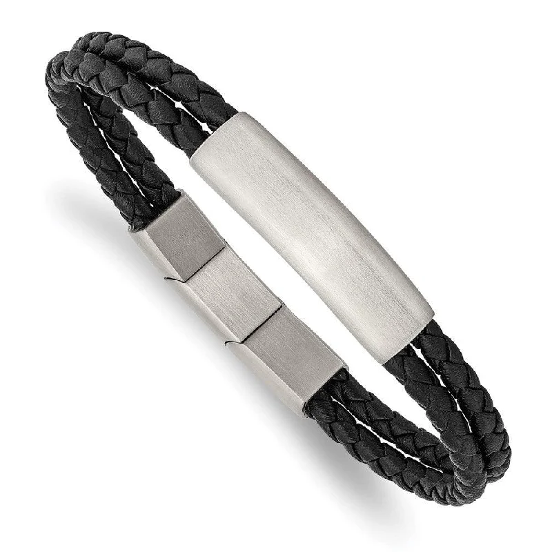 Ladies bracelets boutique shine -Stainless Steel Brushed Braided Black Leather w/.5in ext 8in Bracelet