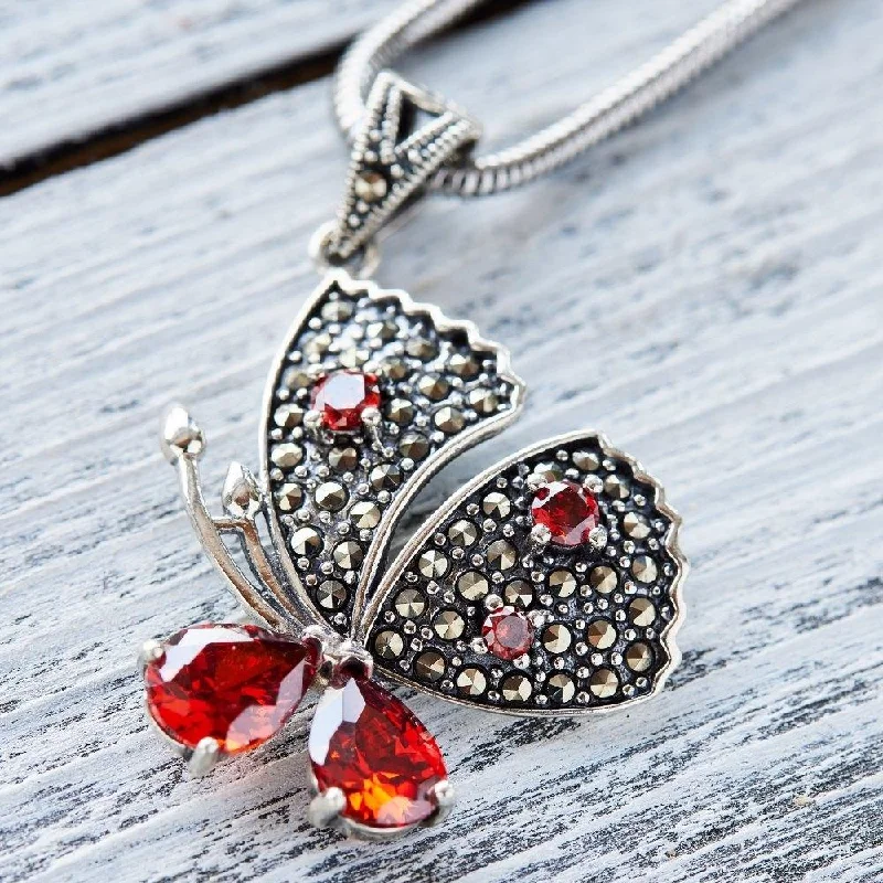 ladies necklaces mother’s day-Red Garnet Silver Butterfly Necklace