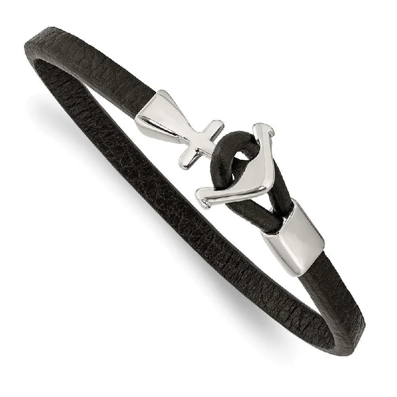 Ladies bracelets plain radiance -Stainless Steel Polished Anchor Black Leather 8in Bracelet