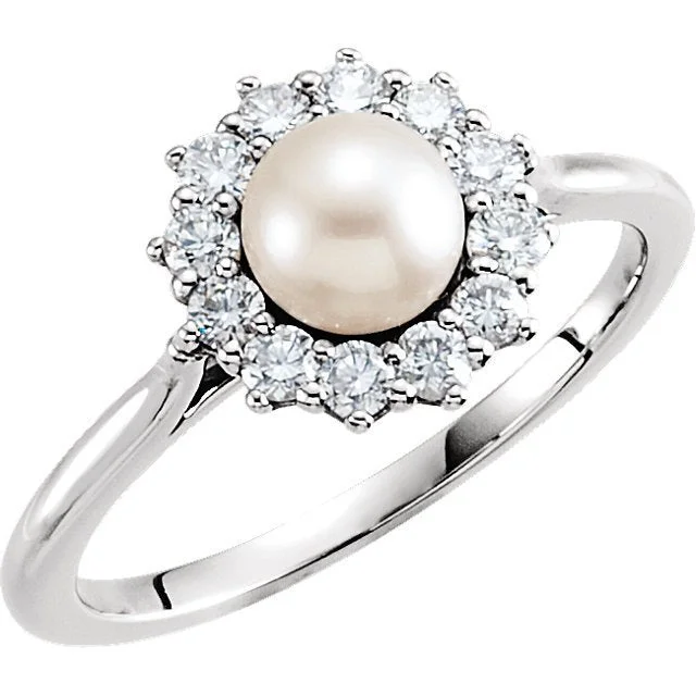 Ladies rings future glow -14KT WHITE GOLD PEARL & 1/3 CTW DIAMOND HALO RING