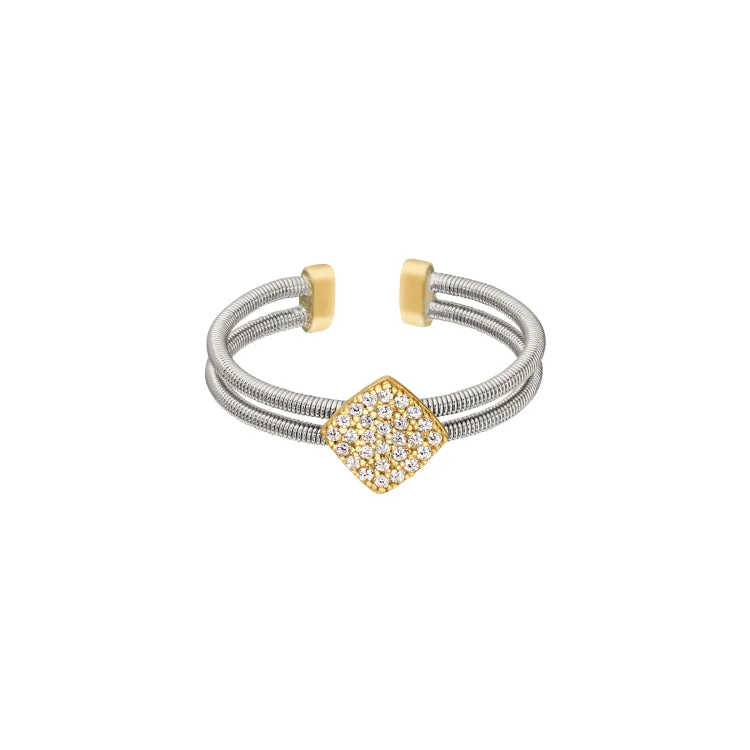 Ladies rings marquise gem -Rhodium Finish Sterling Silver Two Cable Cuff Ring with Gold Finish Simulated Diamond Large Diamond Shape