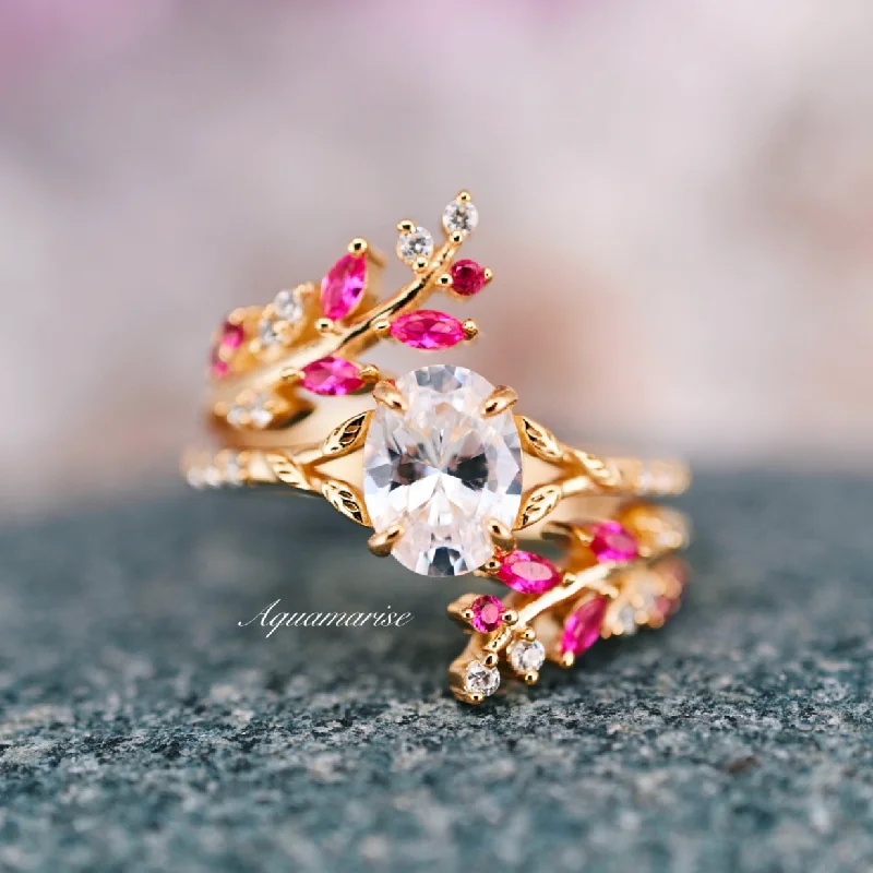 ladies engagement rings ethnic-Ruby & Moissanite/Diamond Leaf Engagement Ring Set- 14K Solid Yellow Gold