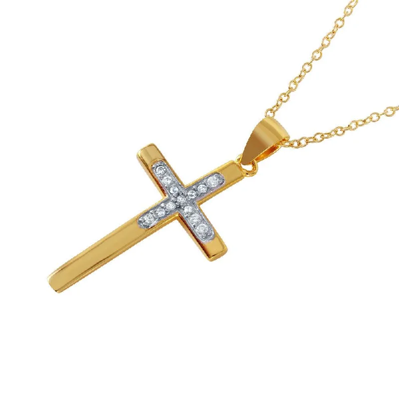 ladies necklaces timeless-Silver 925 Rhodium Plated CZ Inlay Gold Plated Cross Pendant Necklace - STP01494