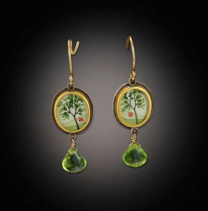 ladies earrings resale-Gold Tiny Oval Spring Maple Earrings with Peridot Drop