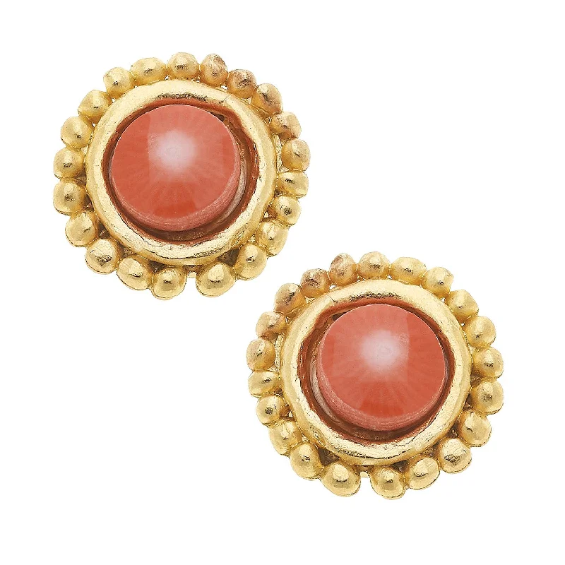 ladies earrings cartier-Earrings - Clip On - Gold with Pink Coral