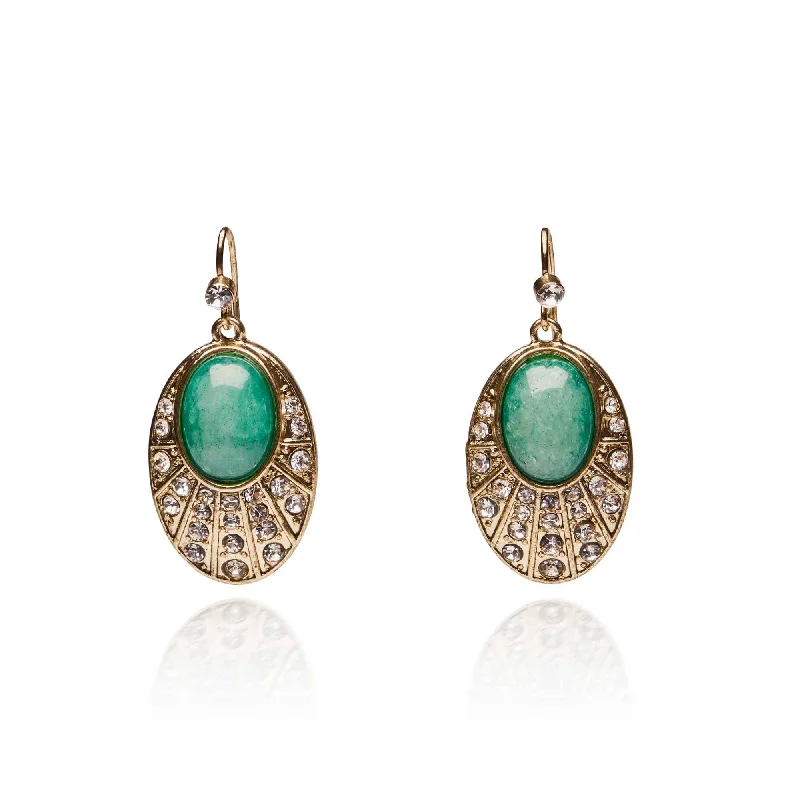 ladies earrings handmade-Green Agate Oval Stone Drop Earrings: 20s Style Earrings