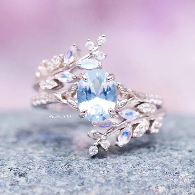 ladies engagement rings natural-Fairy Aquamarine, Moonstone & Moissanite Leaf Engagement Ring Set- 14K White Gold