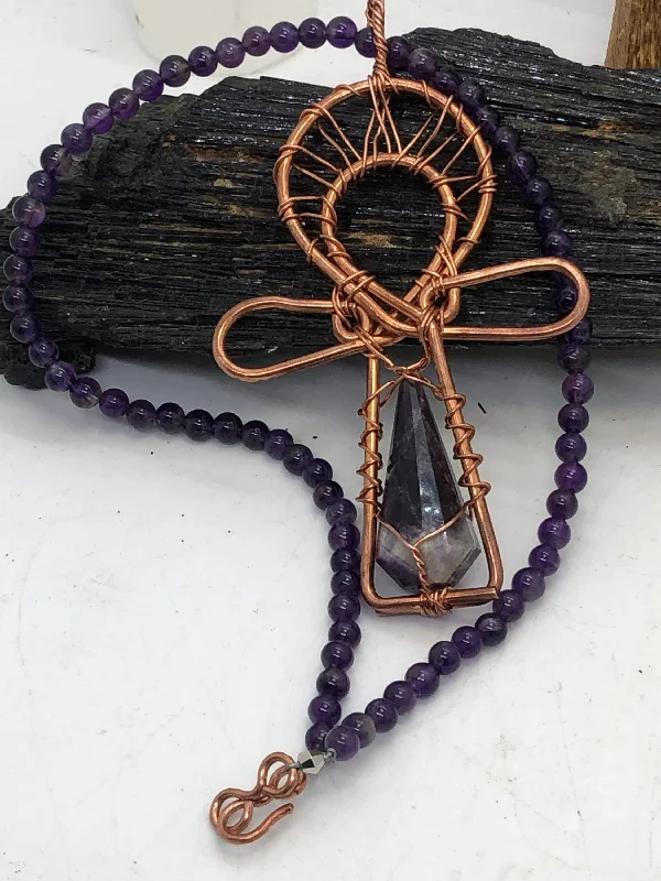 ladies necklaces gift box-Amethyst Necklace with Amethyst Crystal Ankh Pendant Copper Necklace