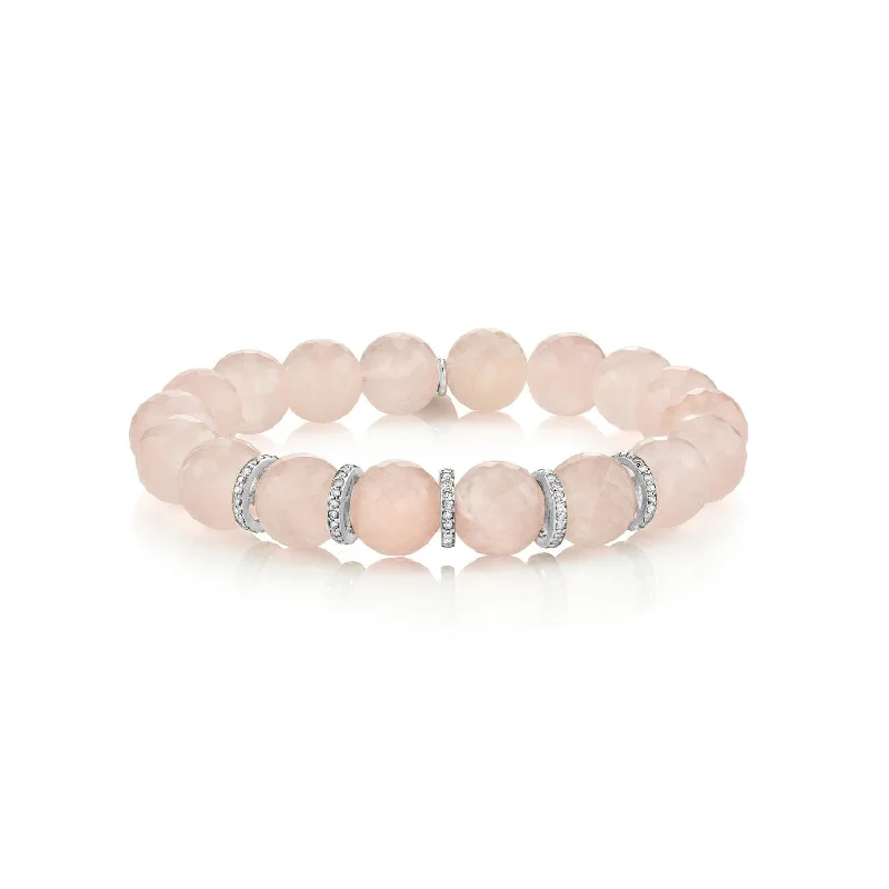 Ladies bracelets gleam glow -Faceted Rose Quartz Bracelet with Five Diamond Rondelles - 10mm : B0001798