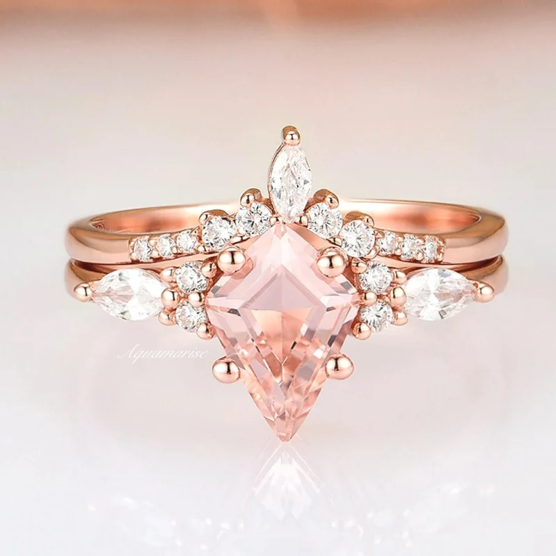 ladies engagement rings monochrome-Skye Kite™  Morganite Engagement Ring Set- 14K Solid Rose Gold