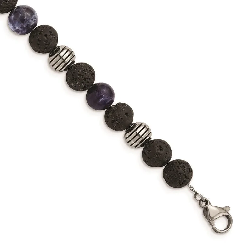 Ladies bracelets blush charm -Stainless Steel Antiqued & Polished Lava Stone/Sodalite w/1in ext Bracelet