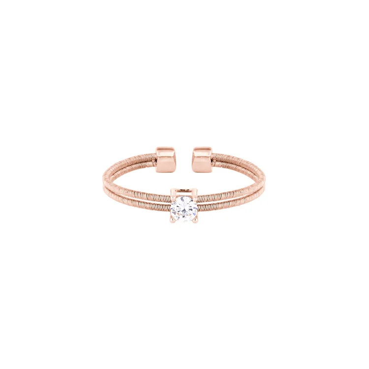 Ladies rings gold shine -Rose Gold Finish Sterling Silver Two Cable Cuff Ring with a Solitaire Simmulated Diamond