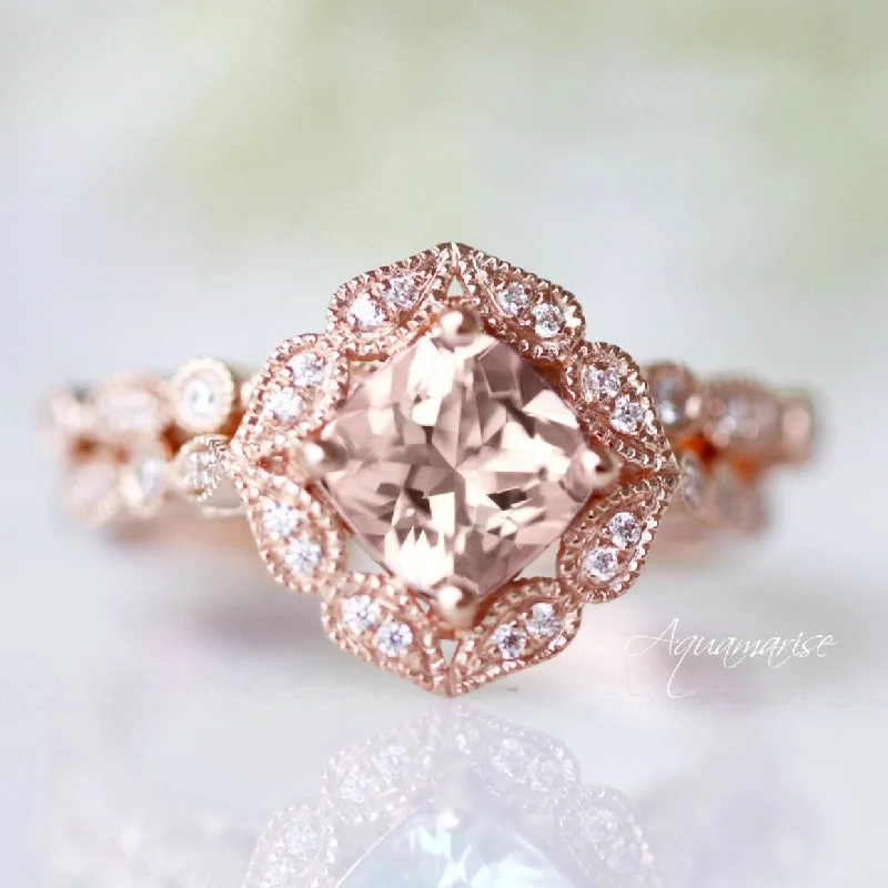 ladies engagement rings thin-Luxe Morganite Engagement Ring- 10K/14K/18K Solid Rose Gold