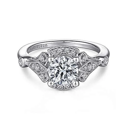 ladies engagement rings wave-Columbus - Unique 14K White Gold Art Deco Halo Diamond Engagement Ring