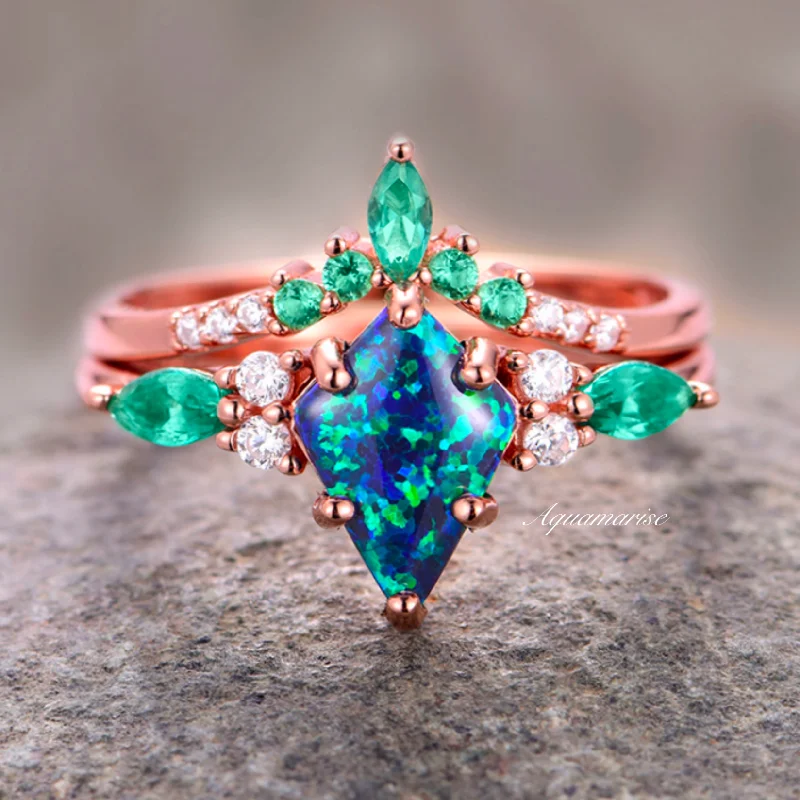 ladies engagement rings nickel free-Skye Kite™  Peacock Fire Opal & Emerald Engagement Ring Set- 14K Solid Rose Gold