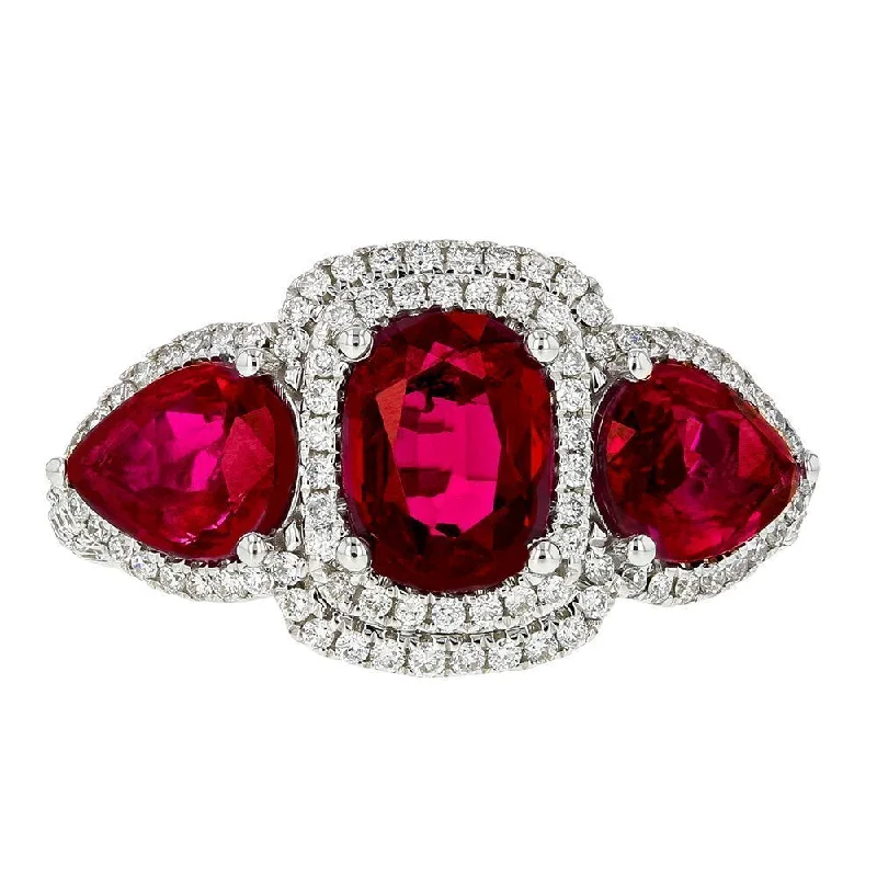 Ladies rings brilliant charm -JULEVE 18KT GOLD 3.80 CTW RUBY AND .93 CTW DIAMOND 3 STONE HALO RING