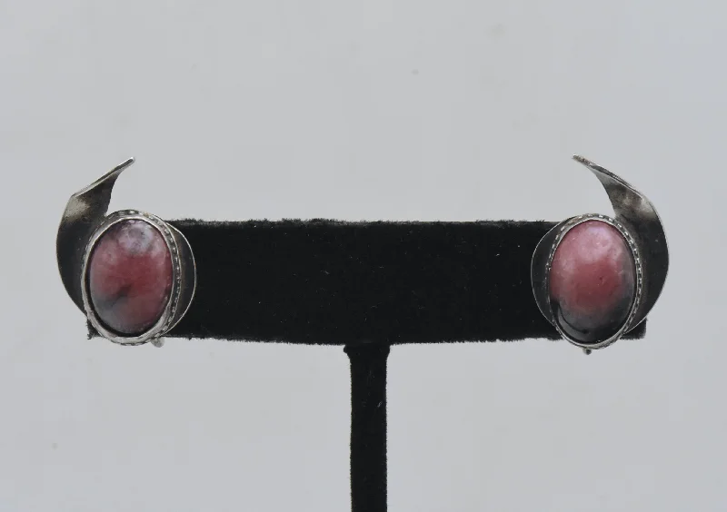 ladies earrings topaz-Vintage Handmade Rhodonite Sterling Silver Screw Back Earrings