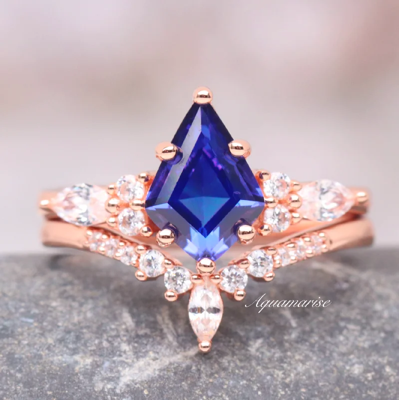 ladies engagement rings radiant-Skye Kite™  Cornflower Sapphire Kite Engagement Ring Set- 14K Solid Rose Gold