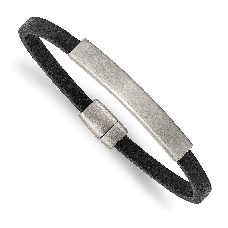 Ladies bracelets final sale -Stainless Steel Brushed Textured Black PU Leather 8.25in ID Bracelet