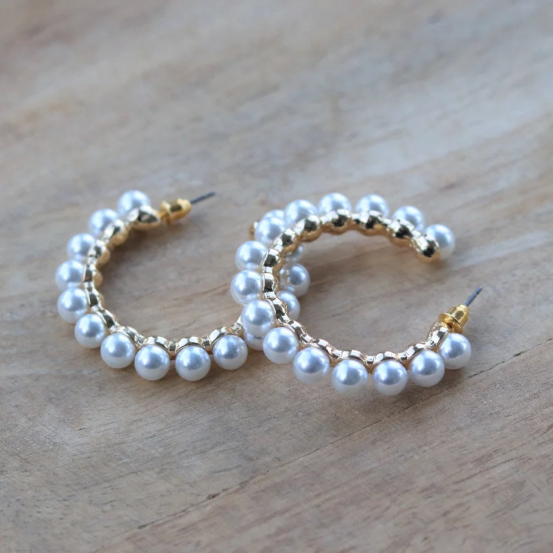 ladies earrings layered-Earrings - Pearl Hoops