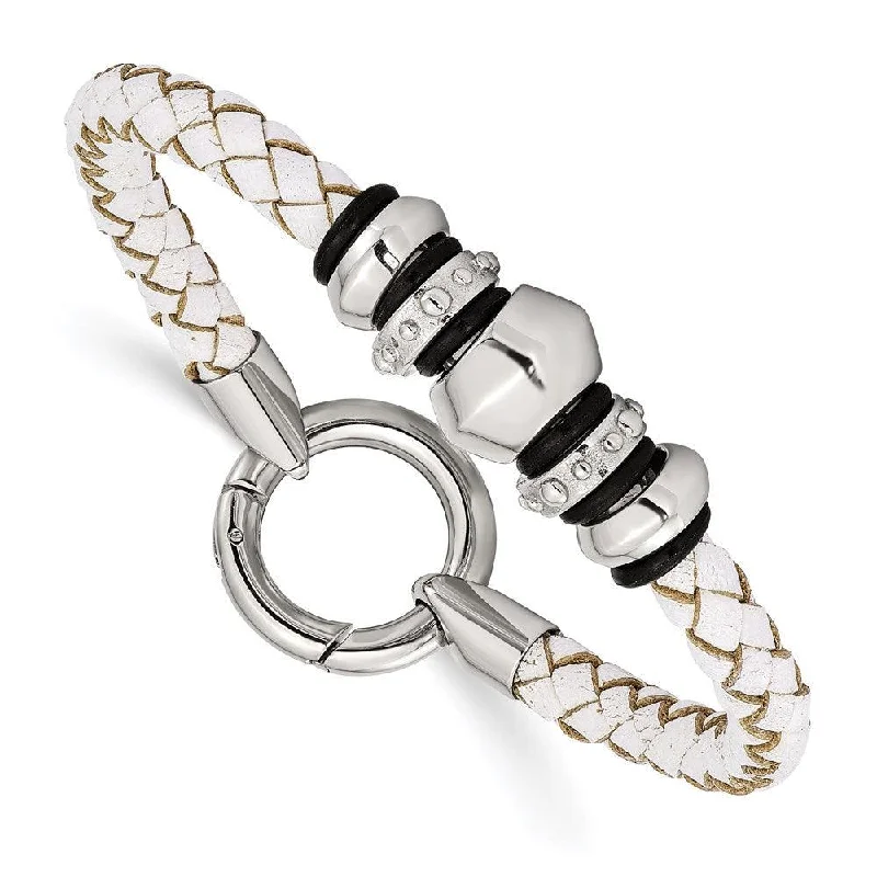 Ladies bracelets dual shine -Stainless Steel Polished White Leather Black Rubber Bracelet