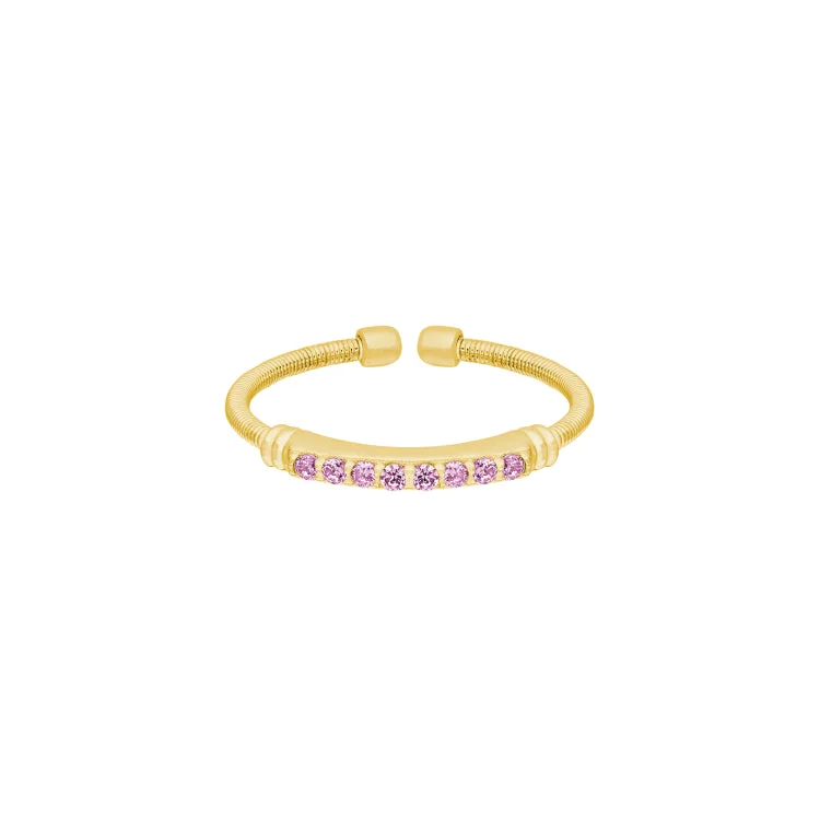 Ladies rings intricate shine -Gold Finish Sterling Silver Cable Cuff Ring with Simulated Pink Sapphire Birth Gems - October