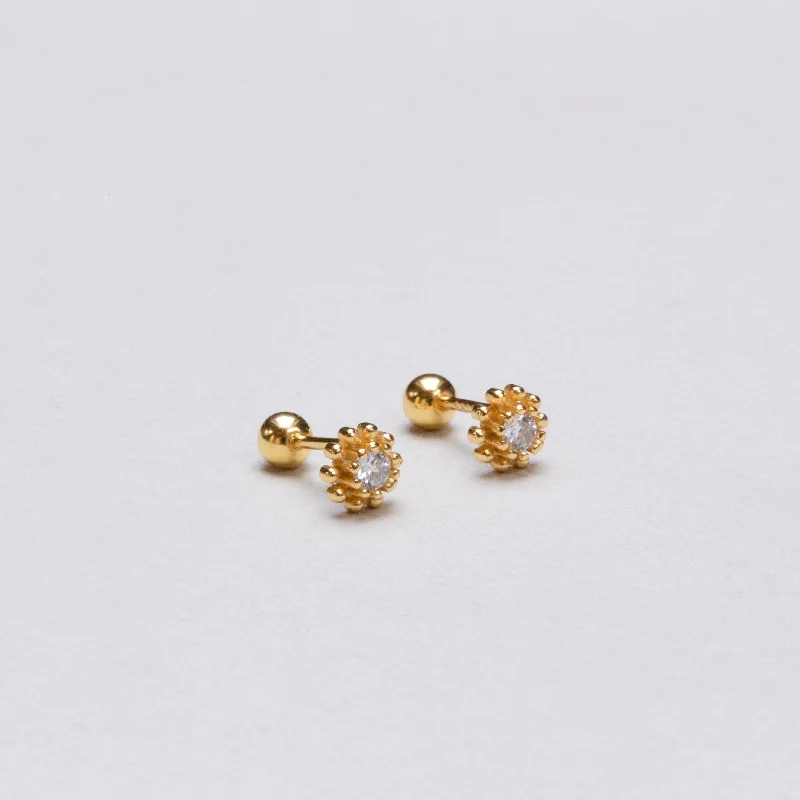 ladies earrings animal-Gold-plated Bead Flower Stud Cartilage Earrings with Cubic Zirconia