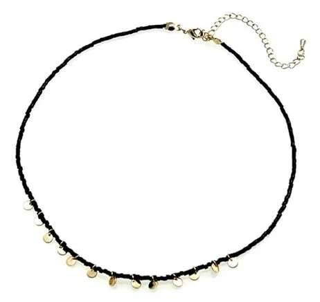 ladies necklaces turquoise-Beaded Necklace with Gold Sequins - Black beads