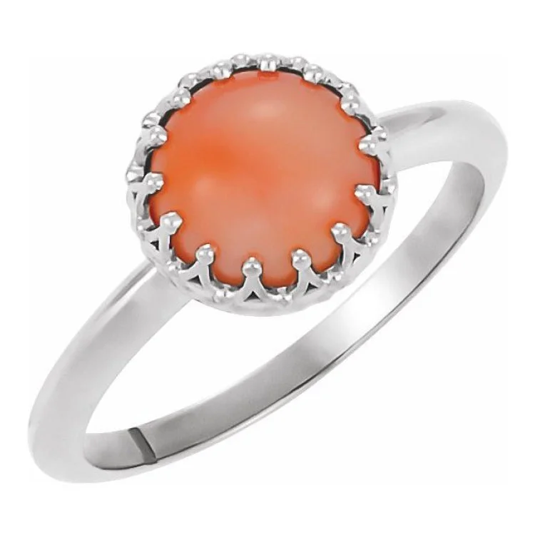 Ladies rings sustainable charm -Sterling Silver 6 mm Natural Pink Coral Crown Cabochon Ring