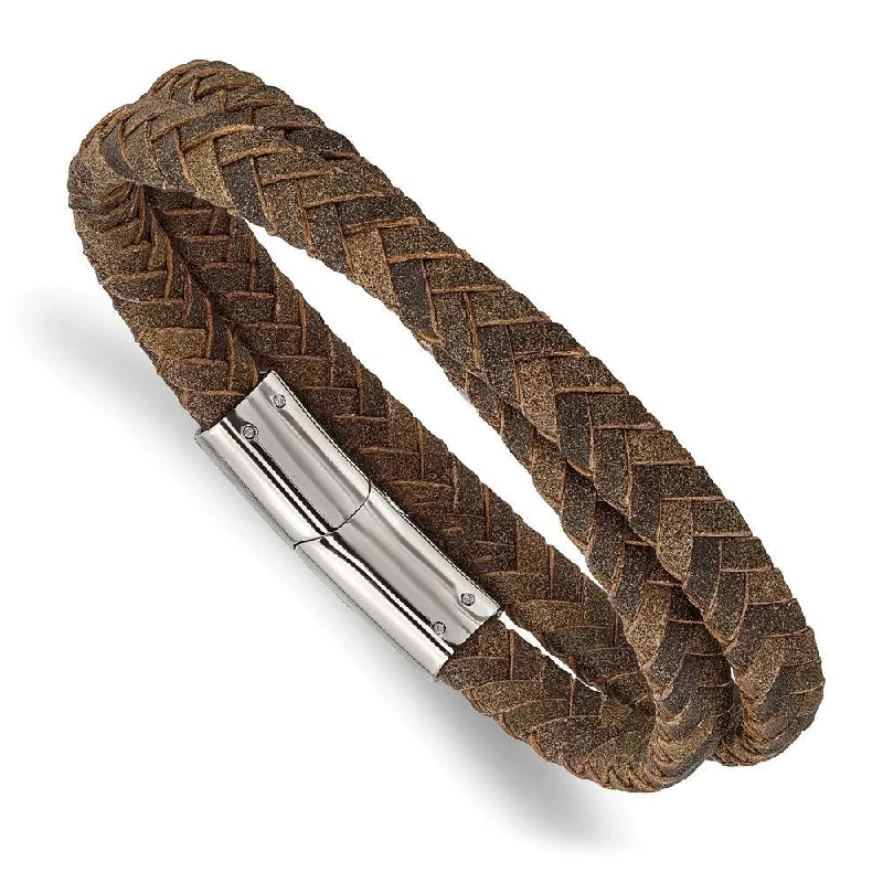 Ladies bracelets trio bead shine -Stainless Steel Polished Brown Leather 14.75in Wrap Bracelet