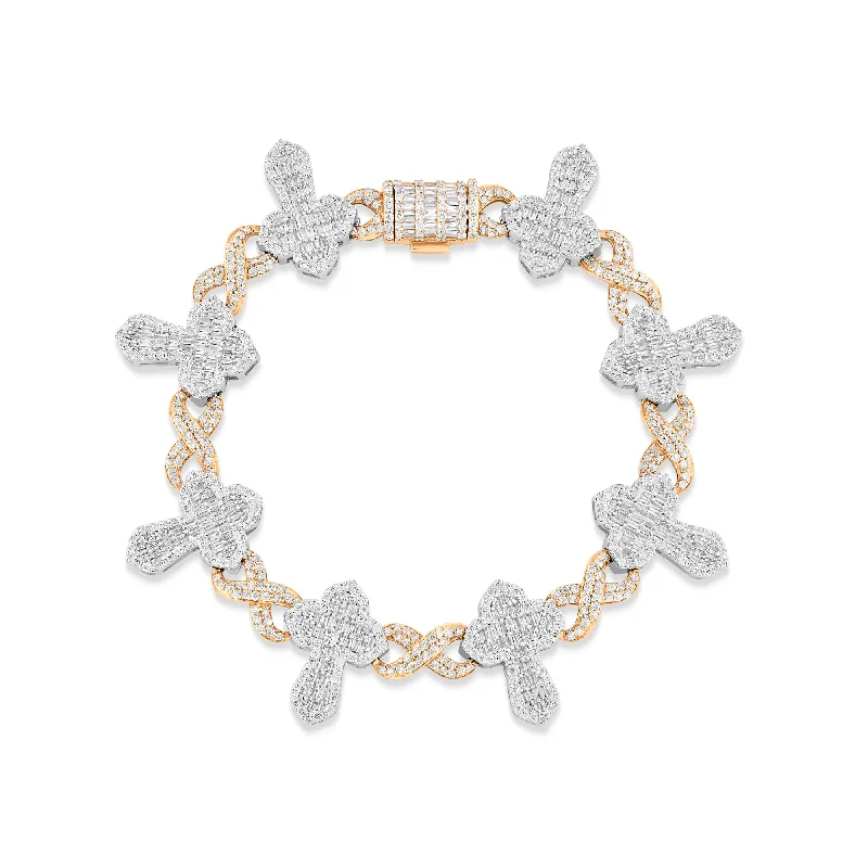 Ladies bracelets feather radiance -Two-Tone Gold Baguette and Round Diamond Infinity and Cross Motif Link Bracelet