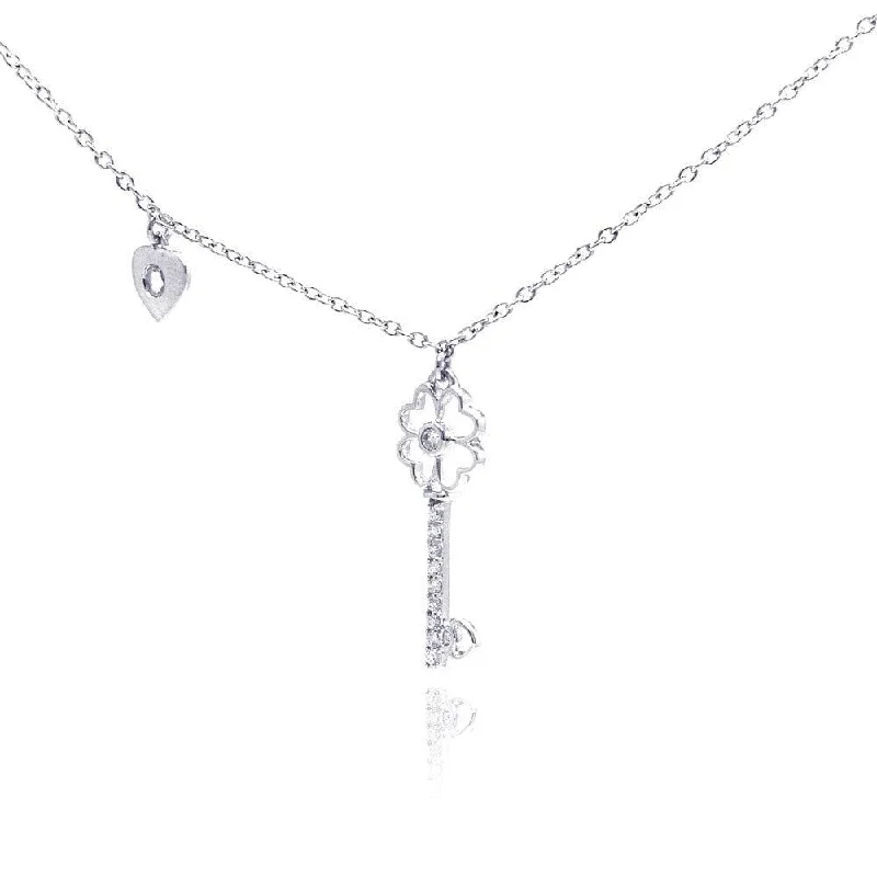 ladies necklaces chakra-Silver 925 Rhodium Plated Clear CZ Key Pendant Necklace - STP01055