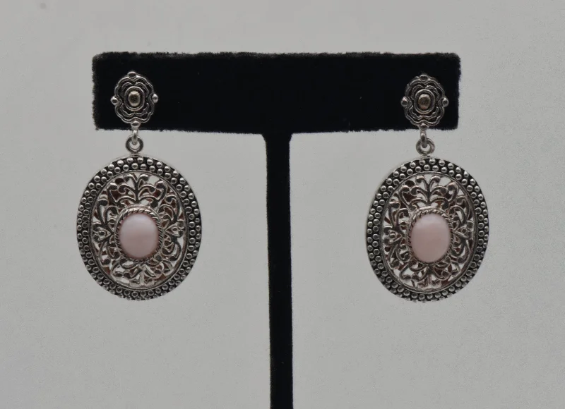 ladies earrings triangle-Vintage Pink Opal and Sterling Silver Dangle Earrings