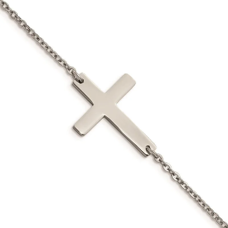 Ladies bracelets throwback charm -Stainless Steel Polished Sideways Cross 7.25in Bracelet