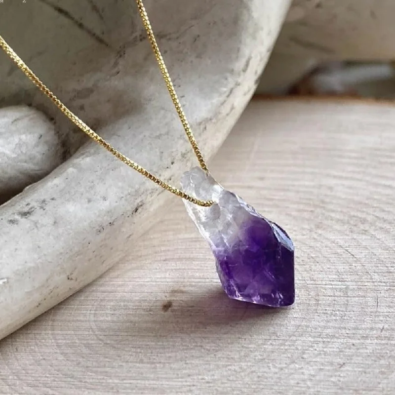 ladies necklaces casual-Raw Amethyst Purple Crystal Necklace With Golden Chain