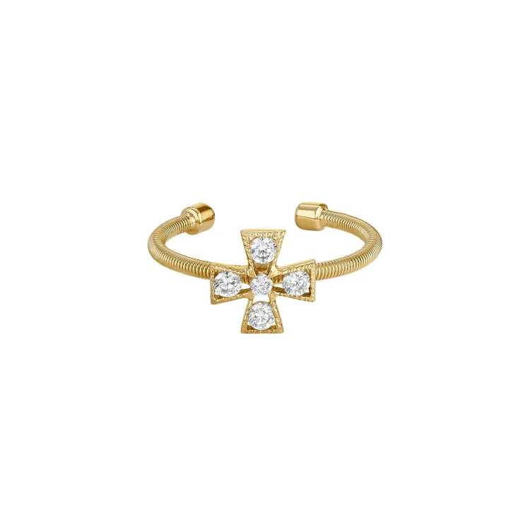 Ladies rings maori shine -Gold Finish Sterling Silver Cable Cuff 5 Stone Cross Ring with Simulated Diamonds