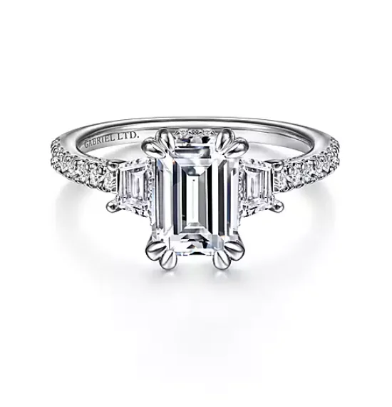 ladies engagement rings radiant-Willow - 18K White Gold Emerald Cut Three Stone Diamond Engagement Ring