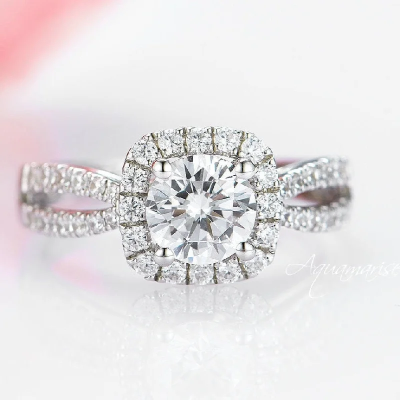 ladies engagement rings retro-Halo Moissanite Engagement Ring- 14K White Gold