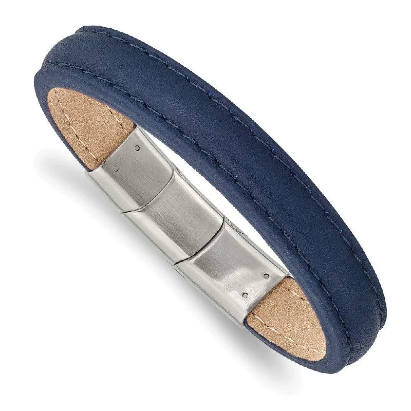 Ladies bracelets twin charm -Stainless Steel Polished Blue Leather w/.5in ext 7.75in  Bracelet