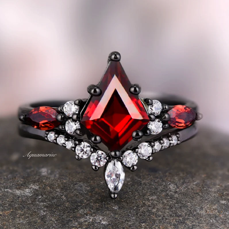 ladies engagement rings tiffany-Skye Kite™  Natural Red Garnet Kite Engagement Ring Set- Black Rhodium Filled