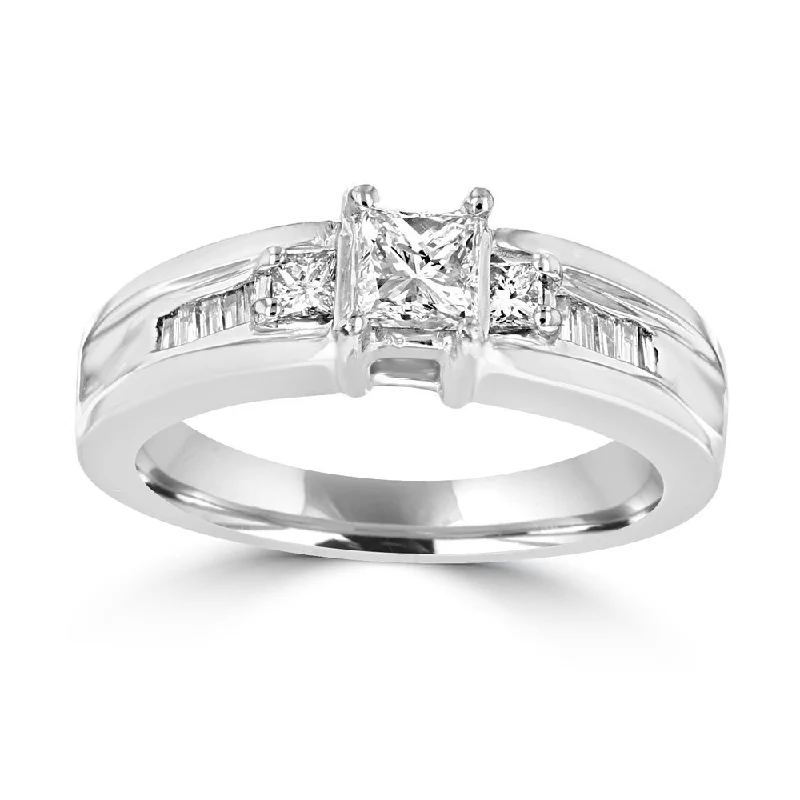 Ladies rings tropical glow -PLATINUM 3/4 CTW PRINCESS CUT & BAGUETTE DIAMOND 3 STONE RING