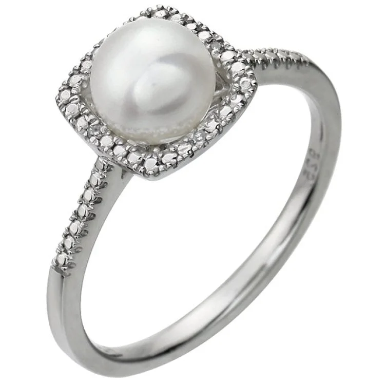 Ladies rings pearl elegance -Sterling Silver Cultured White Freshwater Pearl & .01 CTW Natural Diamond Ring