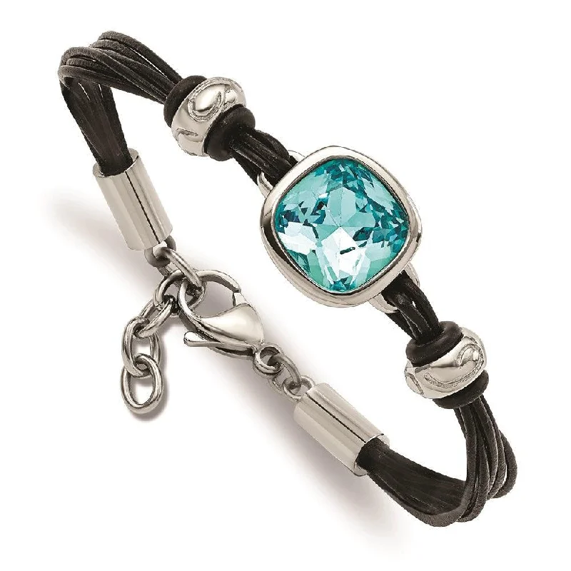 Ladies bracelets heart radiance -Stainless Steel Polished Blue Glass Leather with 1in ext. Bracelet