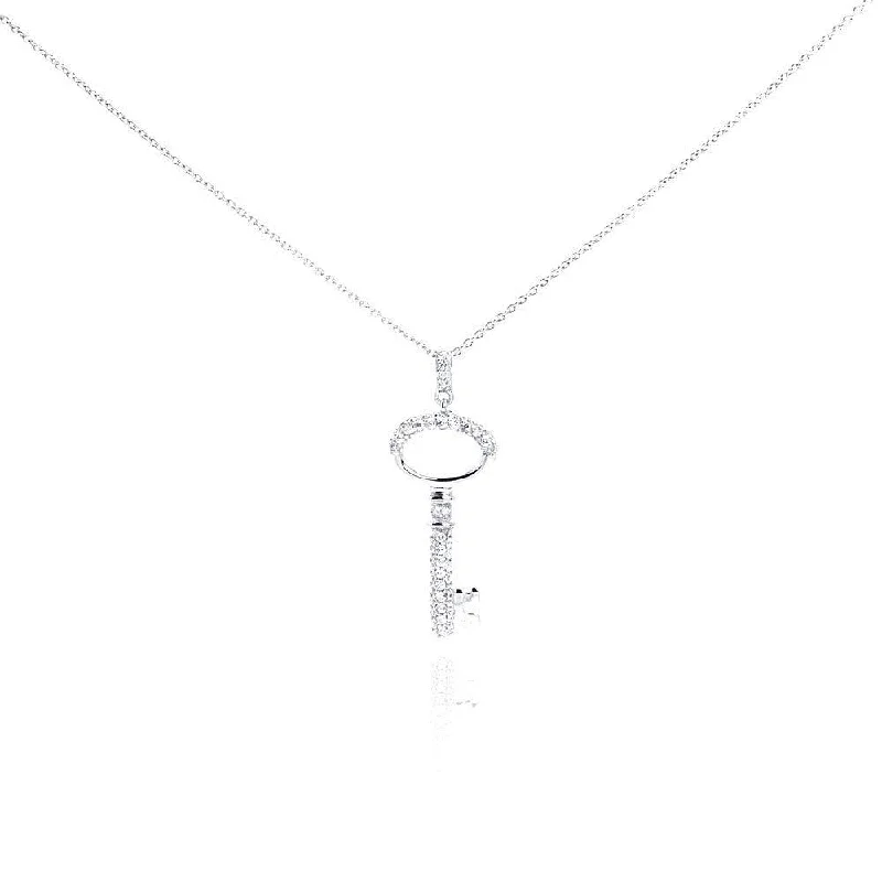 ladies necklaces modern classic-Silver 925 Rhodium Plated Clear CZ Key Pendant Necklace - STP01001