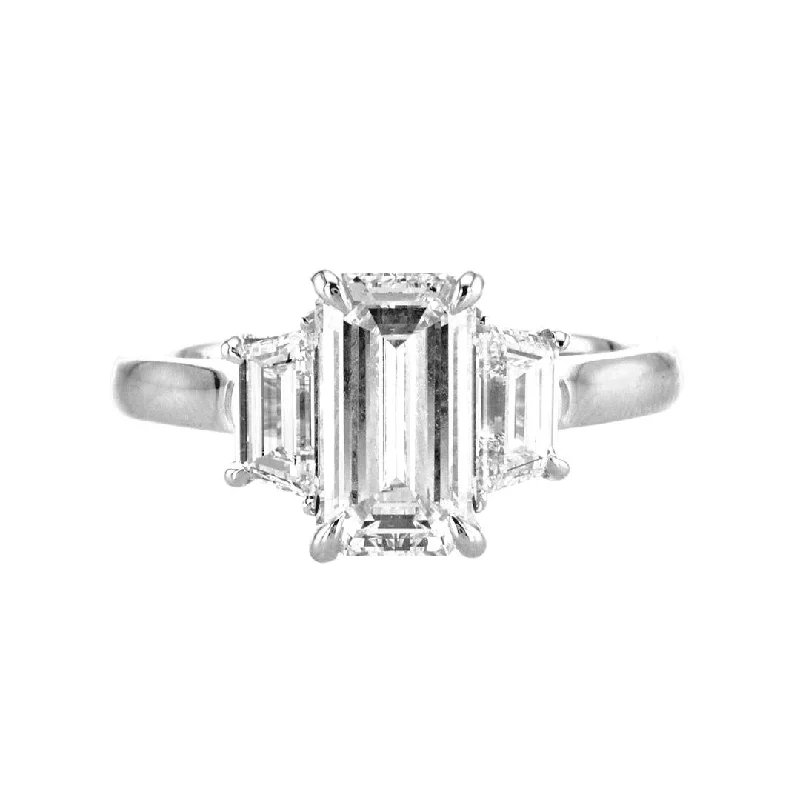 ladies engagement rings flush-1.80 CT Emerald Cut and 0.82 CT Trapezoid Diamond Three Stone Platinum Engagement Ring