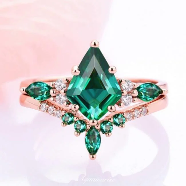 ladies engagement rings bezel-Skye Kite™  Emerald Engagement Ring Set- 14K Solid Rose Gold