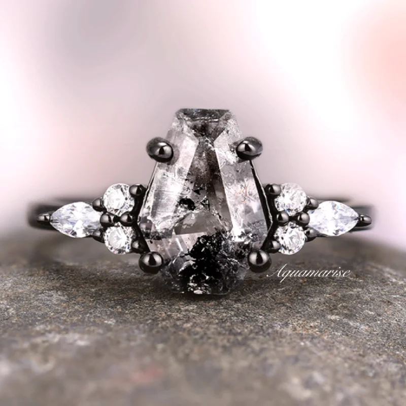 ladies engagement rings cultural-Galaxy Raw Salt & Pepper Diamond (Herkimer Diamond) Engagement Ring- Black Rhodium Filled