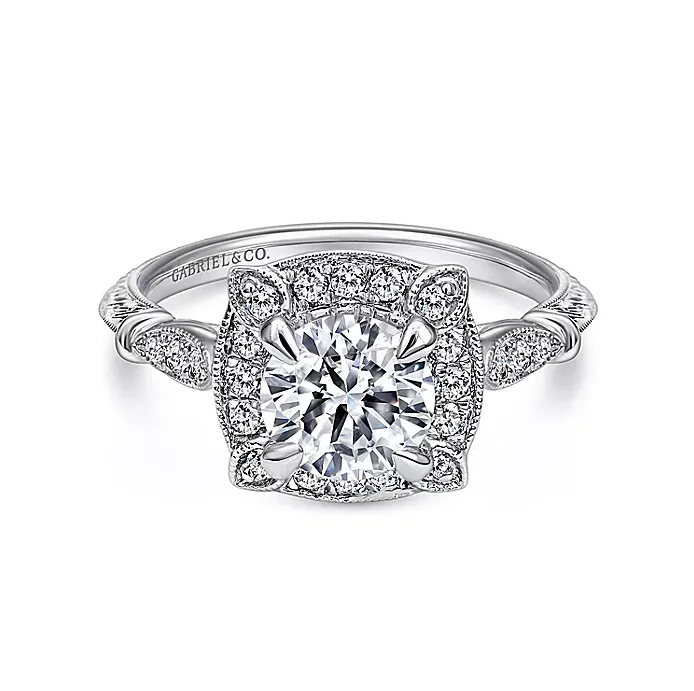 ladies engagement rings bridal-Helene - Vintage Inspired 14K White Gold Cushion Halo Round Diamond Engagement Ring